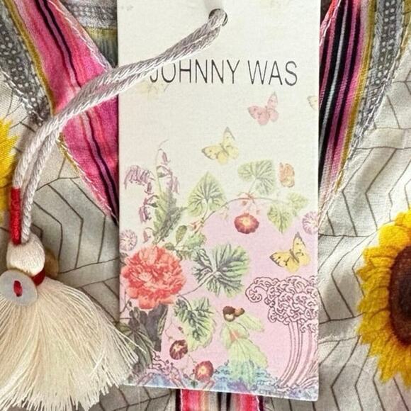 Johnny Was Fawn Beige Button Up Mixed Floral Boho Peasant Blouse Size M Tunic - Picture 11 of 13